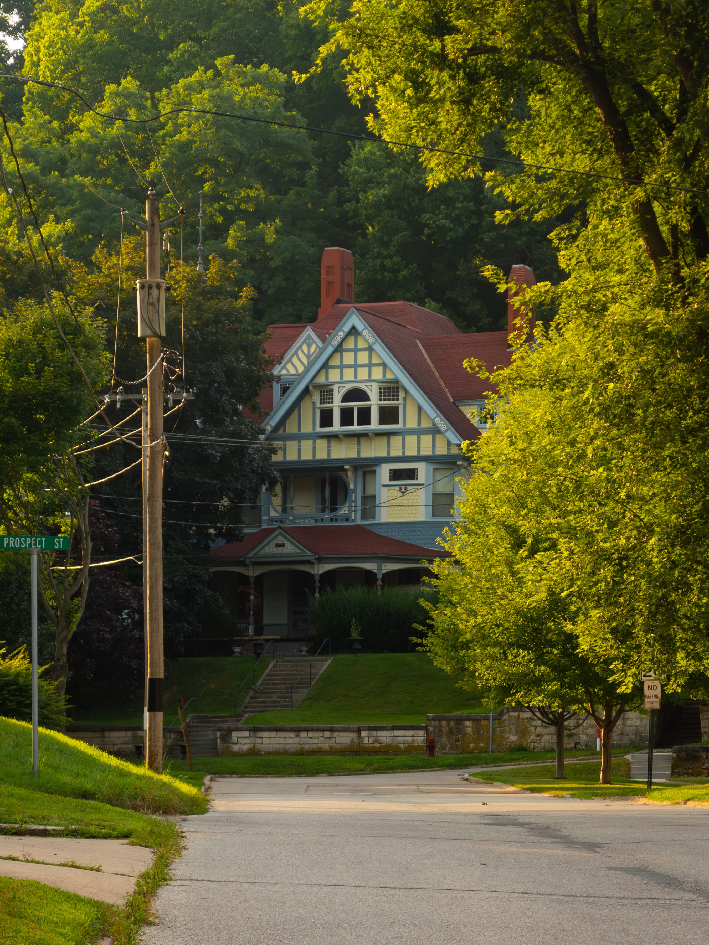 Large victorian house tucked behind large trees